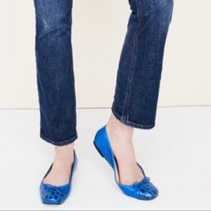 J CREW Women’s LILLY Cap Toe Ballet Flat Vivid Blue Leather Embossed Toe